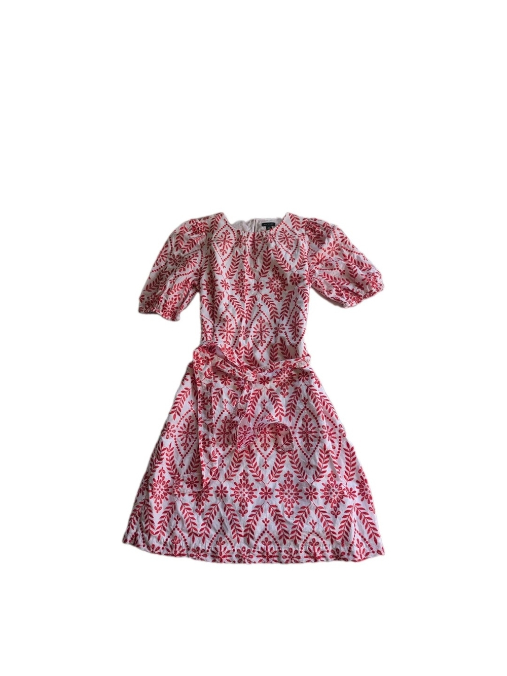 Ann Taylor Red White Floral Eyelet Dress Tie Waist Short Sleeve Dress Sz XS - Picture 1 of 12